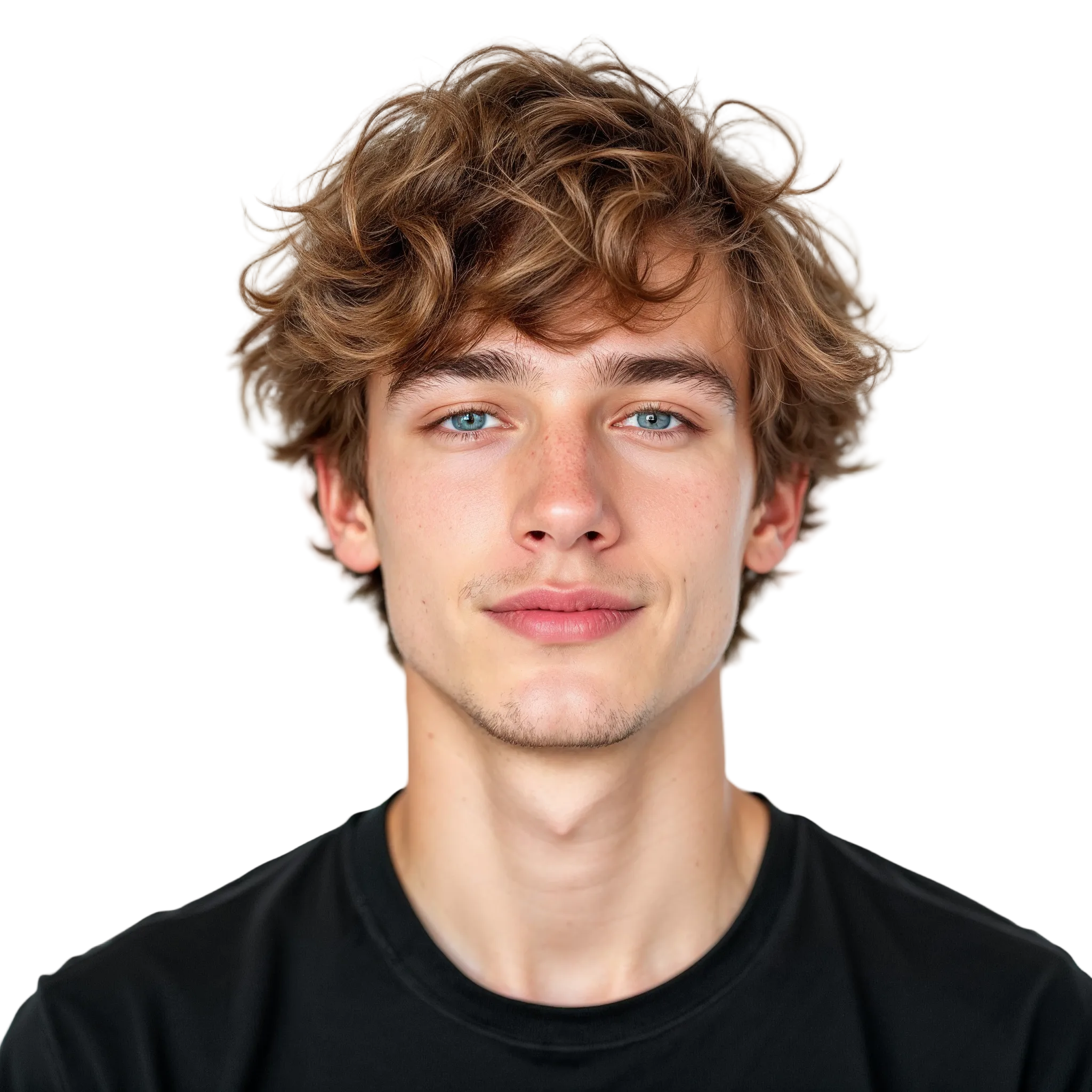 Man with wavy brown hair wearing a black shirt against a white background